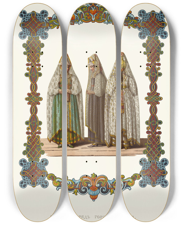 Triptych art skateboard deck of Fedor Grigoryevich Solntsev Devichii Nariad Goroda Torzhka by Fedor Grigoryevich Solntsev (1801-1892)