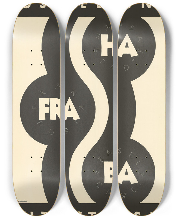 Triptych art skateboard deck of Robert Stcklin Hafrabaautostrasse Gewerbemuseum Basel by Robert Stocklin (1889-1931)