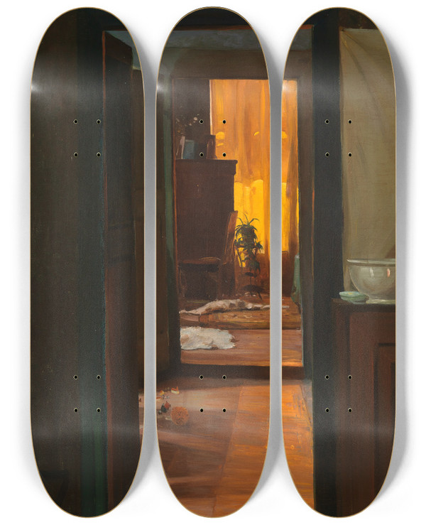 Triptych art skateboard deck of Gustav Kampmann Sonne Im Haus by Gustav Kampmann (1859-1917)