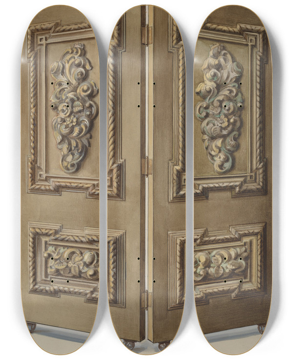 Triptych art skateboard deck of Alfred Koehn Doors by Alfred Koehn