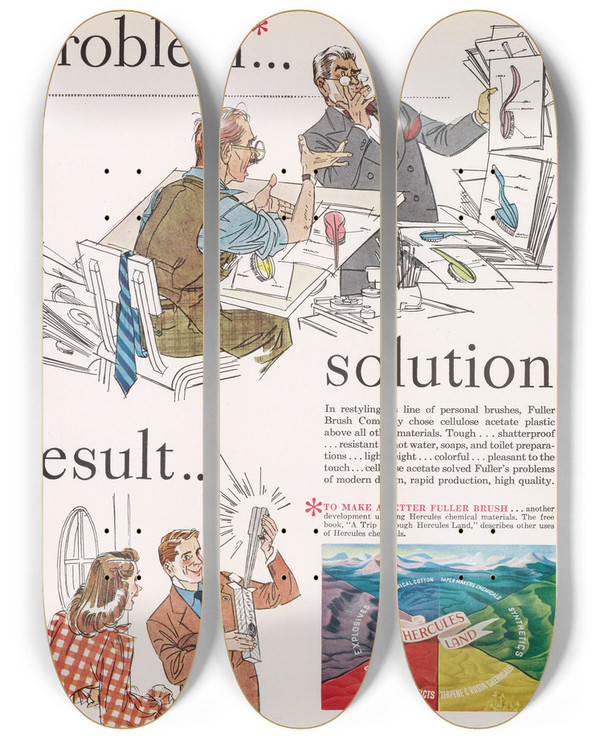 Triptych art skateboard deck of Hercules Incorporated Problem Solution Result Octobernovember by Hercules Incorporated (20-)