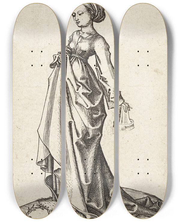Triptych art skateboard deck of Martin Schongauer The Second Foolish Virgin by Martin Schongauer (1435-1491)