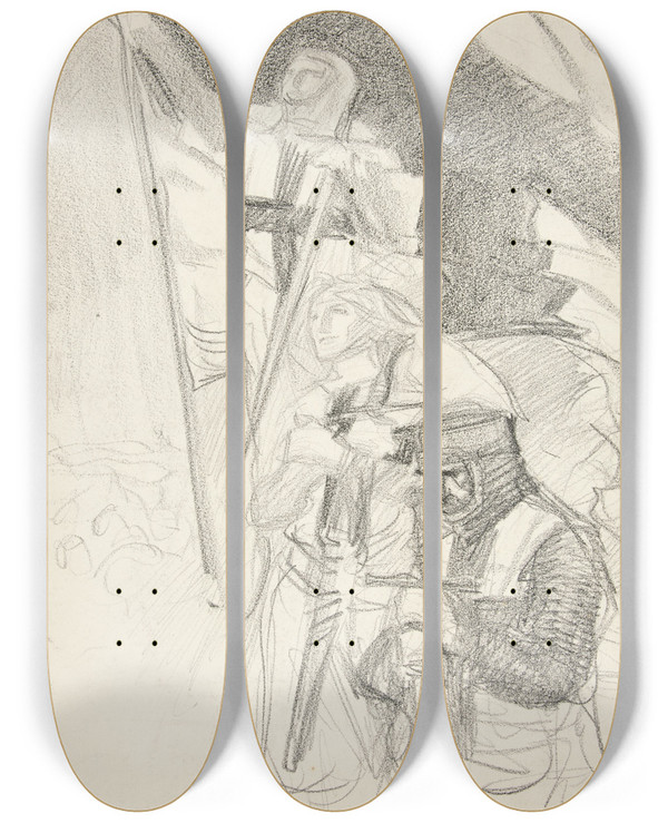 Triptych art skateboard deck of Edwin Austin Abbey Study For Crusaders Sighting Jerusalem by Edwin Austin Abbey (1852-1911)