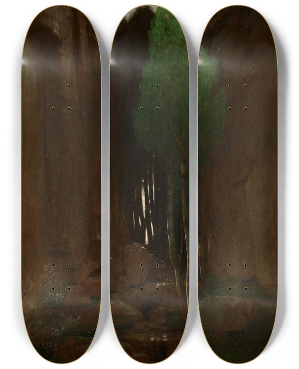 Triptych art skateboard deck of Arnold Bcklin Spring In A Narrow Gorge Quell In Einer Felsschluct by Arnold Bocklin (1827-1901)