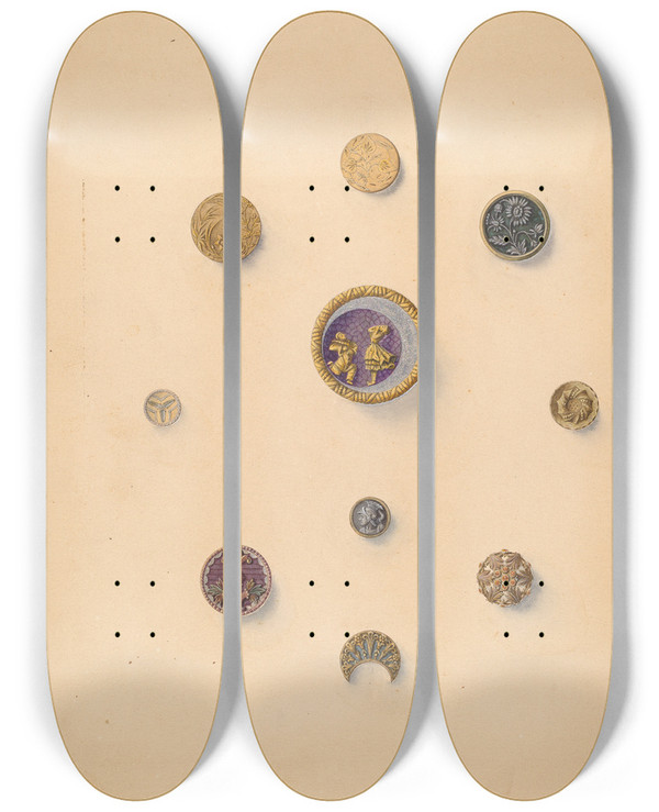 Triptych art skateboard deck of John H Tercuzzi Buttons_1 by John H Tercuzzi