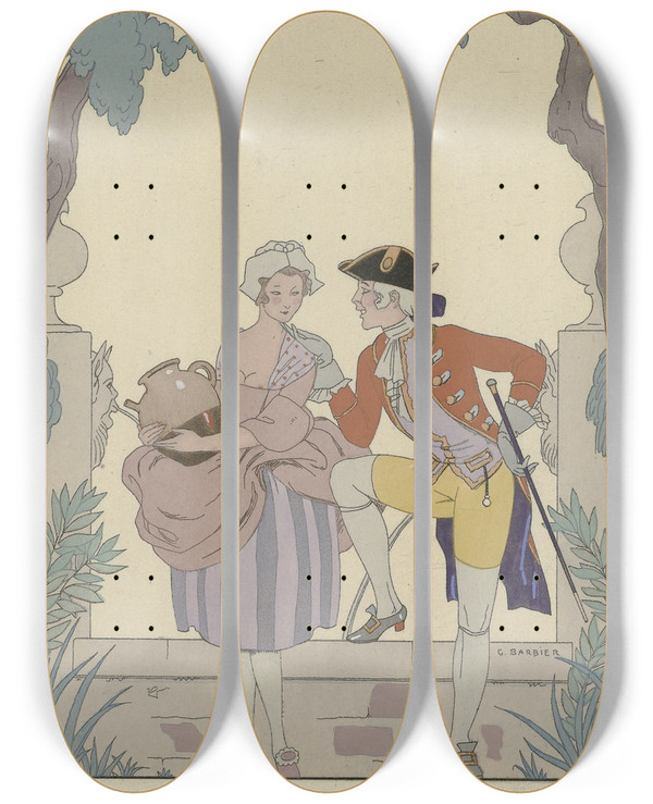 Triptych art skateboard deck of George Barbier La Cruche Caffe by George Barbier (1882-1932)