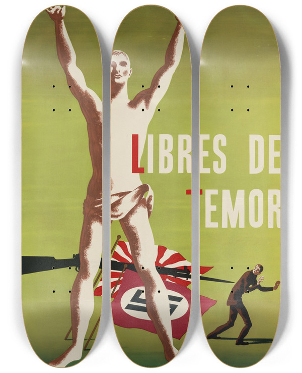 Triptych art skateboard deck of Atherton Libres De Temor by Atherton
