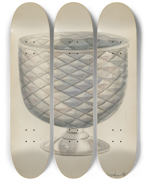 Triptych art skateboard deck of Ella Josephine Sterling Pressed Glass Bowl by Ella Josephine Sterling
