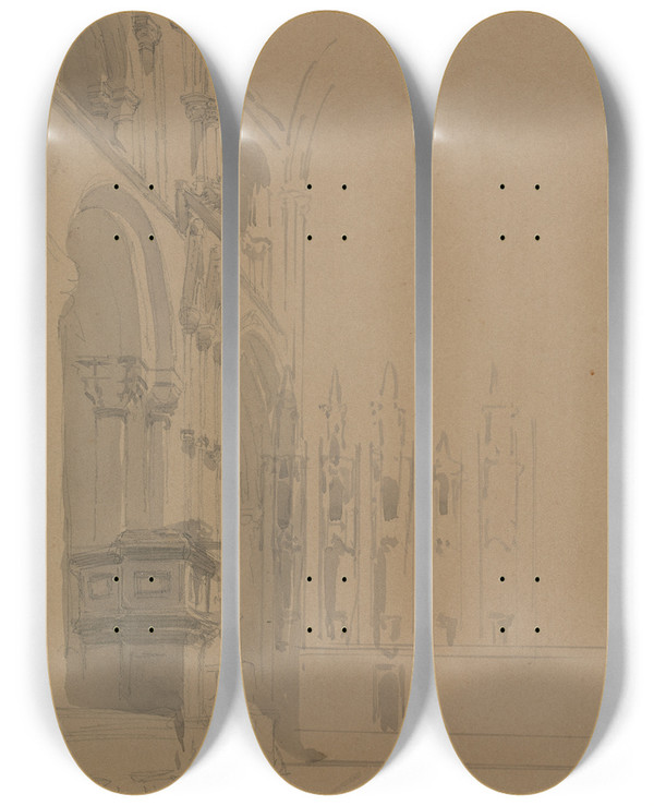 Triptych art skateboard deck of David Roberts Interior Of Durham Cathedral by David Roberts (1796-1864)