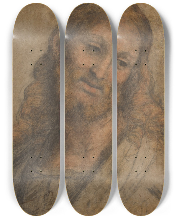 Triptych art skateboard deck of Andrea Solario Bust Of A Bearded Figure by Andrea Solario (1460-1524)