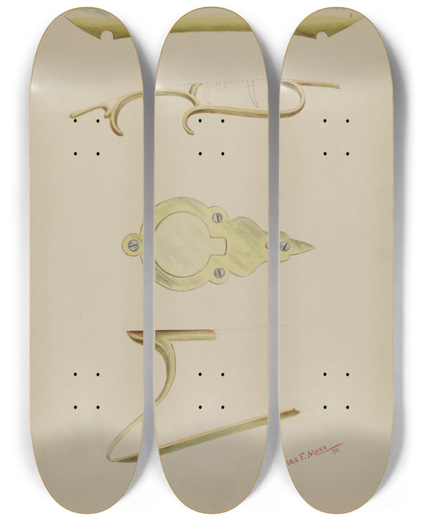 Triptych art skateboard deck of Charles Moss Patch Pocket And Decorations On Ky Rifle by Charles Moss