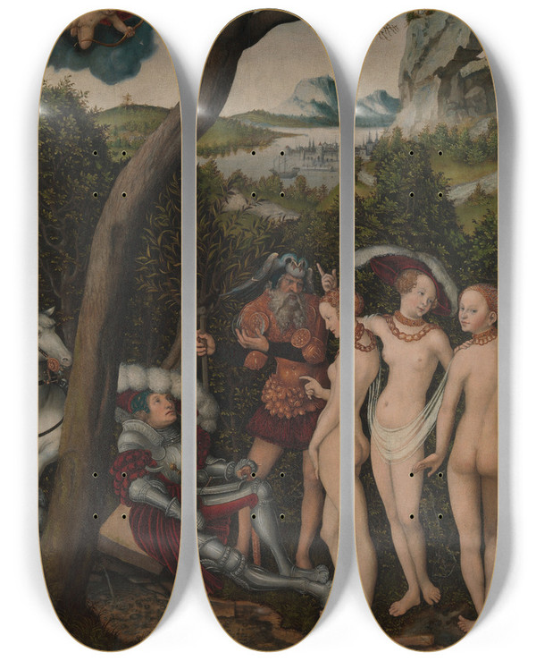 Triptych art skateboard deck of Lucas Cranach The Elder The Judgment Of Paris_1 by Lucas Cranach The Elder (1472-1553)