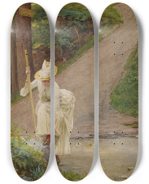 Triptych art skateboard deck of Louis Emile Adan Chemin De La Cascade by Louis Emile Adan (1839-1937)