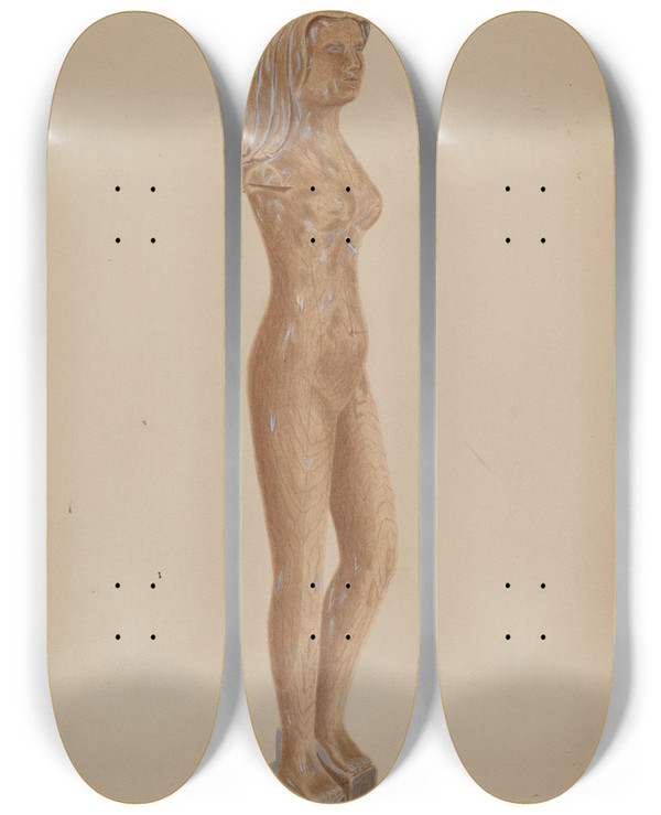 Triptych art skateboard deck of Carol Larson Carved Nude by Carol Larson