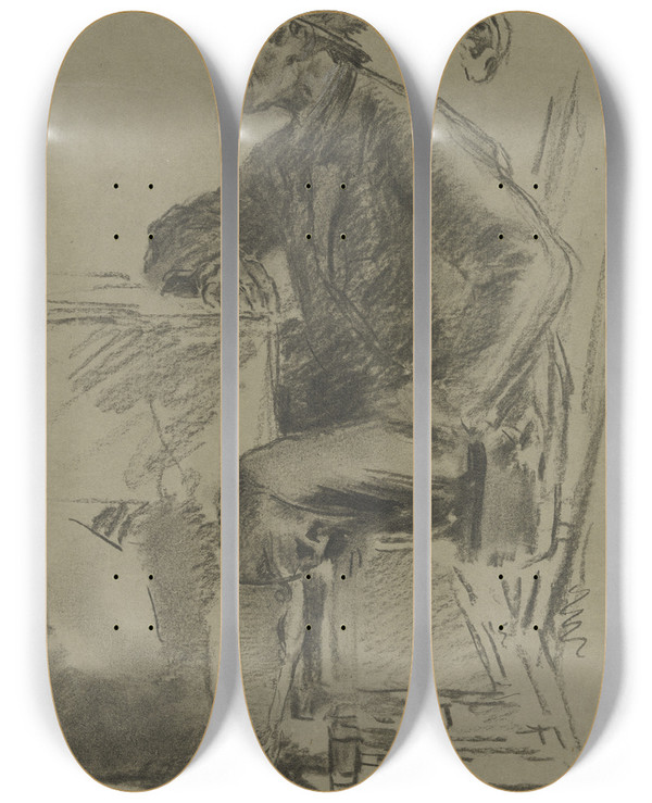 Triptych art skateboard deck of Anton Burger Hunter Boy At The Innkeepers Table by Anton Burger (1824-1905)
