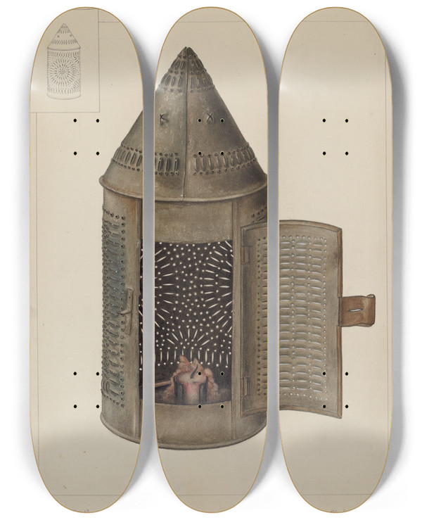 Triptych art skateboard deck of Clyde L Cheney Candle Lantern by Clyde L Cheney