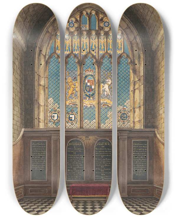 Triptych art skateboard deck of Daniel Lysons The Chancel Window Of Hanworth Church by Daniel Lysons (1762-1834)
