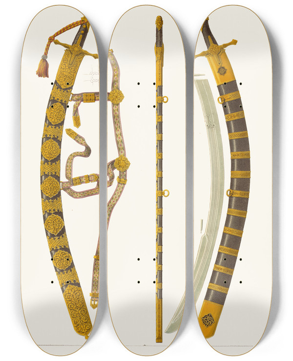 Triptych art skateboard deck of Fedor Grigoryevich Solntsev Starinnyia Sabli by Fedor Grigoryevich Solntsev (1801-1892)