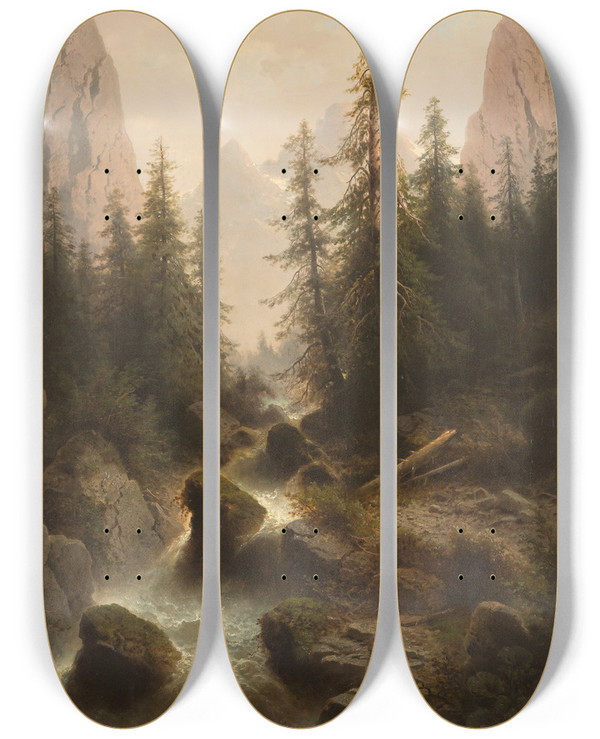 Triptych art skateboard deck of Albert Rieger Mountain Stream by Albert Rieger (1934-1905)