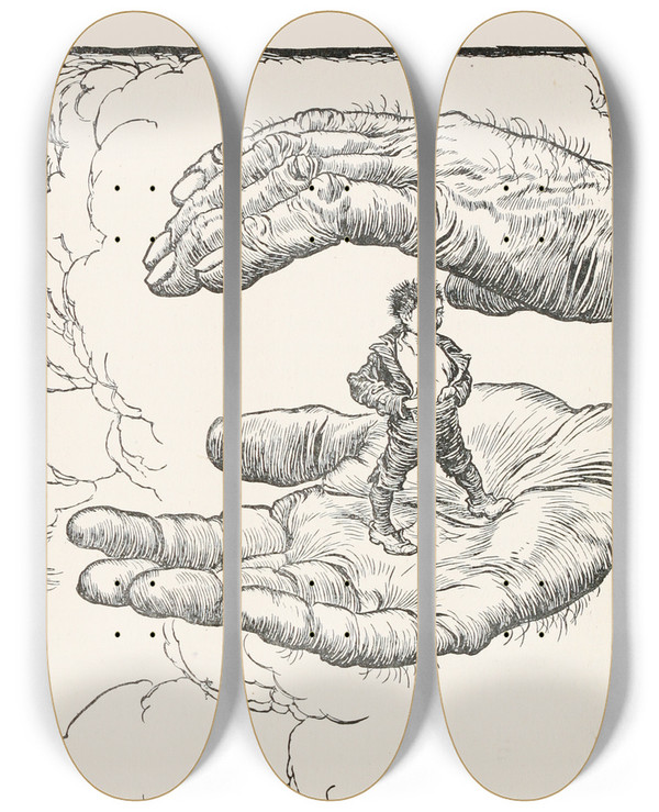 Triptych art skateboard deck of Arthur Rackham Tom Thumb by Arthur Rackham (1867-1939)