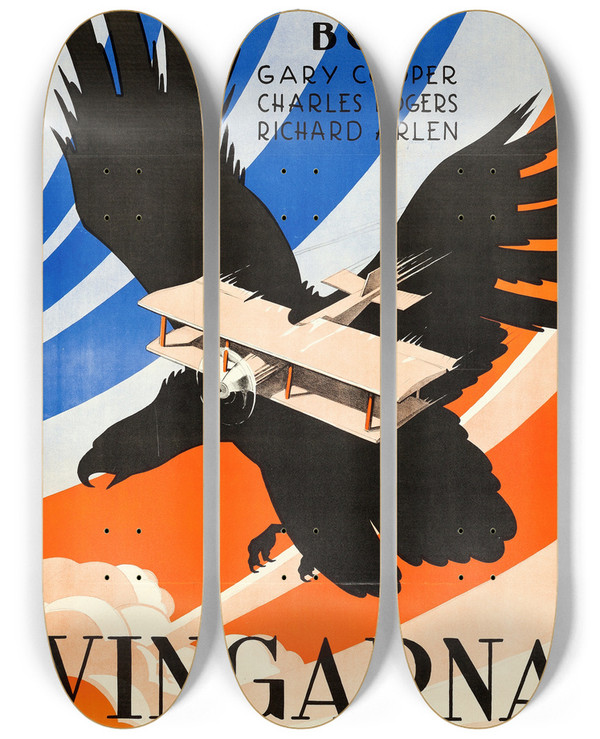 Triptych art skateboard deck of Eric Rohman Wings by Eric Rohman (1891-1949)