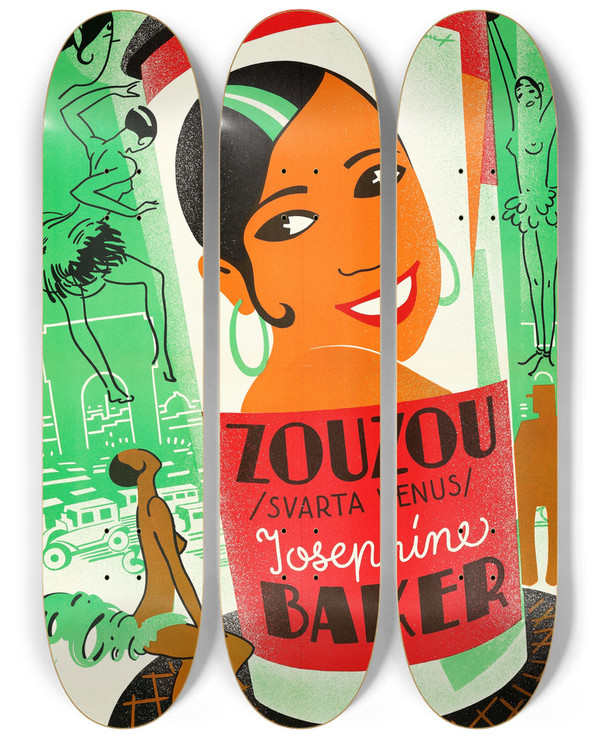Triptych art skateboard deck of Eric Rohman Zouzou by Eric Rohman (1891-1949)