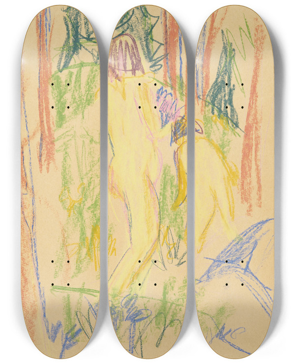 Triptych art skateboard deck of Hermann Scherer Zwei Mdchen Im Wald by Hermann Scherer (1893-1927)