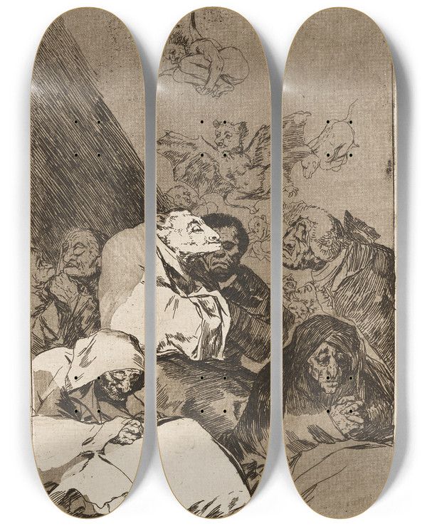 Triptych art skateboard deck of Francisco De Goya Correccion Correction by Francisco de Goya (1746-1828)