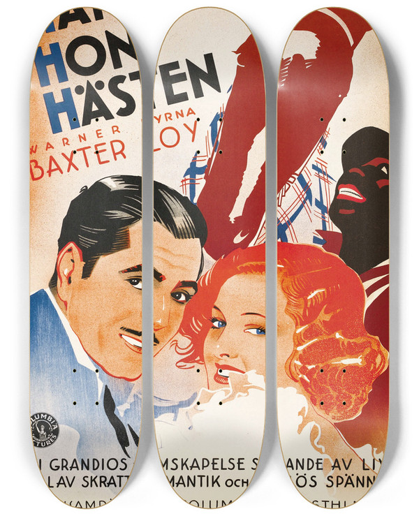 Triptych art skateboard deck of Eric Rohman Broadway Bill by Eric Rohman (1891-1949)
