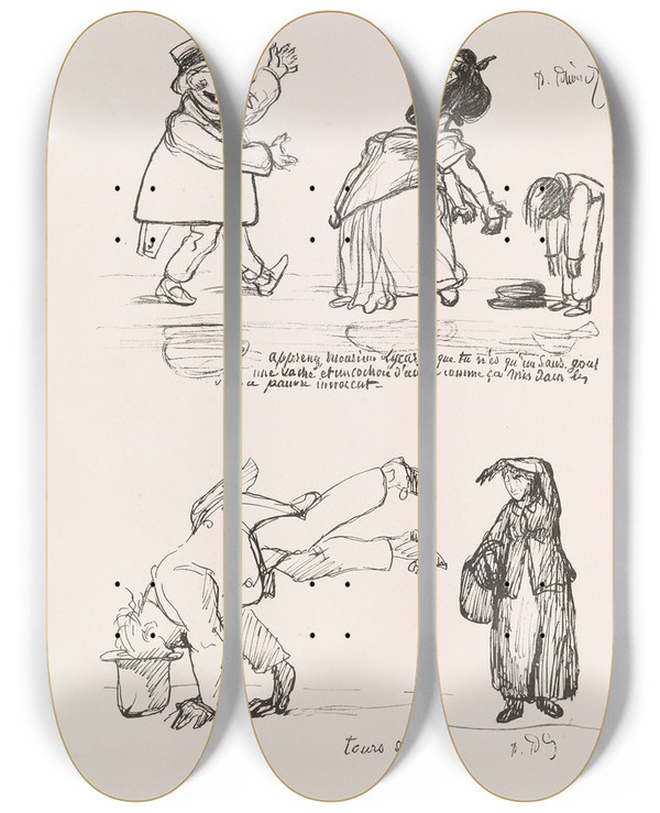 Triptych art skateboard deck of Pierre Puvis De Chavannes Les Caricatures De Puvis De Chavannes Pl23 by Pierre Puvis De Chavannes (1824-1898)
