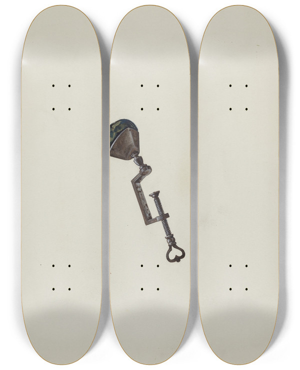 Triptych art skateboard deck of William Spiecker Sewing Bird by William Spiecker