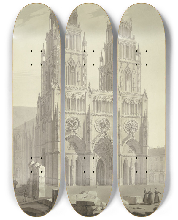 Triptych art skateboard deck of Carl Friedrich Heinrich Werner Die Kathedrale Saintecroix Dorlans by Carl Friedrich Heinrich Werner (1808-1894)