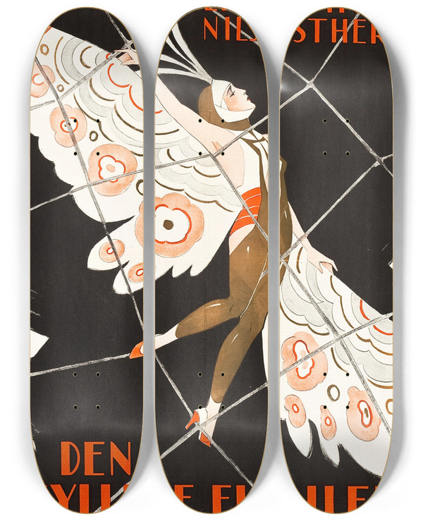 Triptych art skateboard deck of Eric Rohman The Golden Butterfly by Eric Rohman (1891-1949)