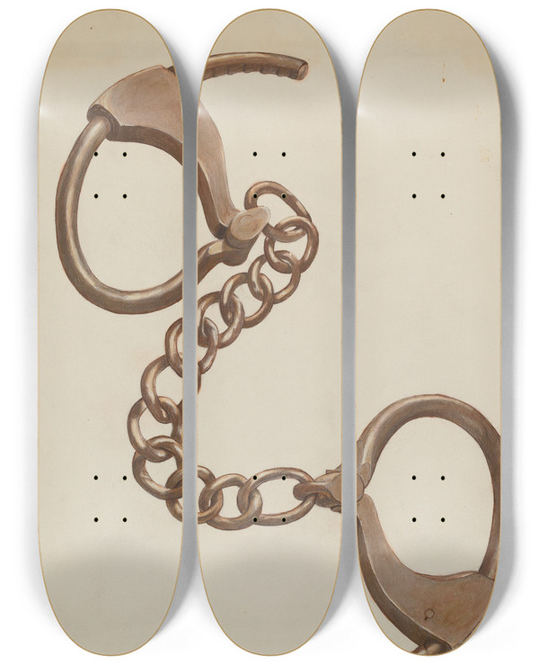 Triptych art skateboard deck of Gladys C Parker Shackles Or Leg Irons by Gladys C Parker