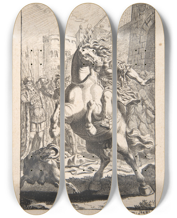 Triptych art skateboard deck of Samuel Stettler Marcus Curtius by Samuel Stettler (17-)