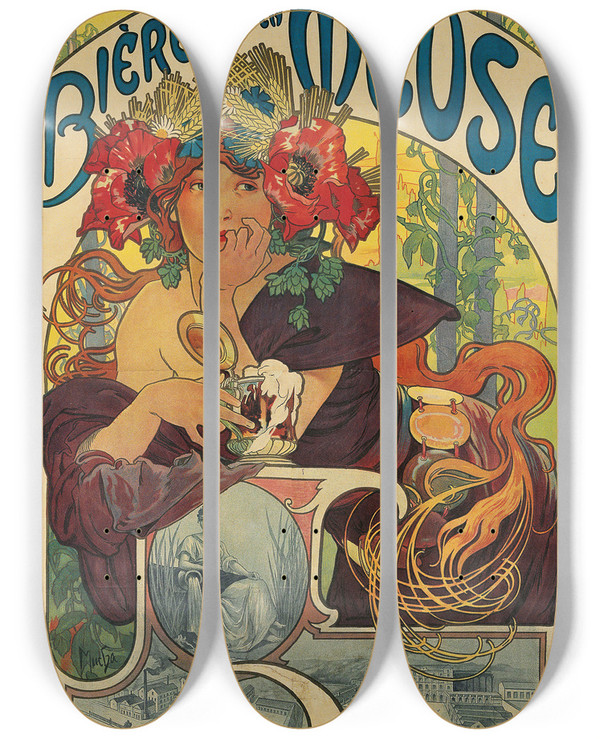Triptych art skateboard deck of Alphonse Mucha Bires De La Meuse_2 by Alphonse Mucha (1860-1939)