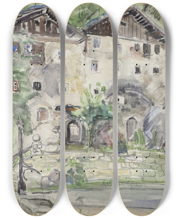 Triptych art skateboard deck of Igo Ptsch Huserzeile by Igo Potsch (1884-1943)