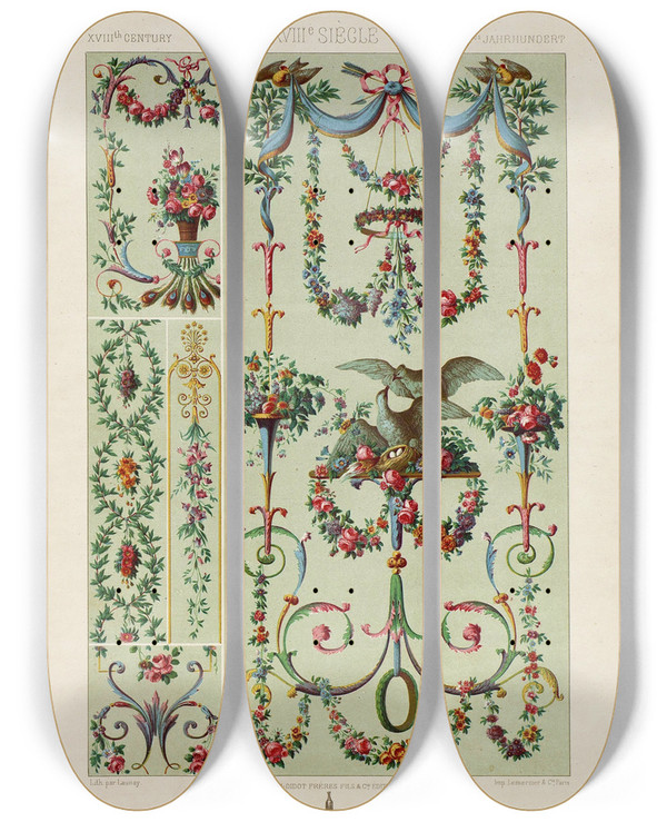 Triptych art skateboard deck of Auguste Racinet Xviii Siecle 13 by Auguste Racinet (1825-1893)