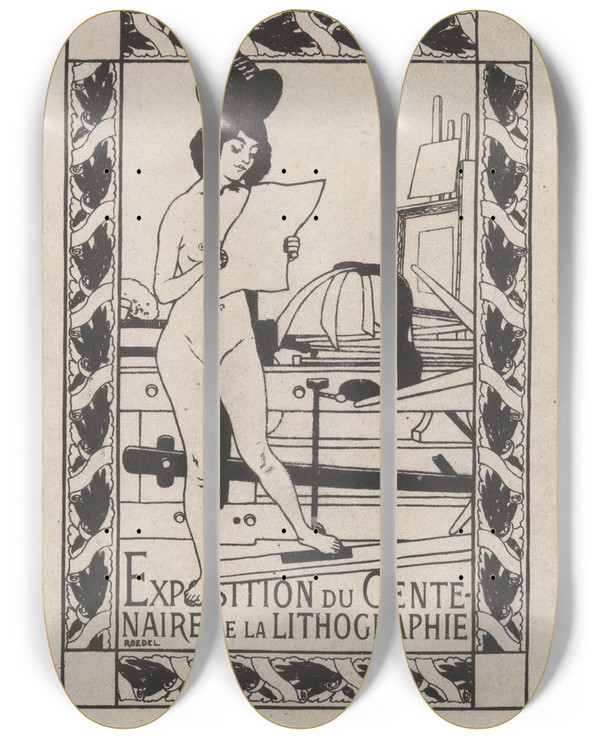 Triptych art skateboard deck of Auguste Roedel Vrouwelijk Naakt Naast Een Lithopers by Auguste Roedel (1859-1900)
