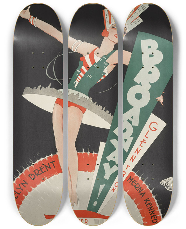 Triptych art skateboard deck of Eric Rohman Broadway by Eric Rohman (1891-1949)