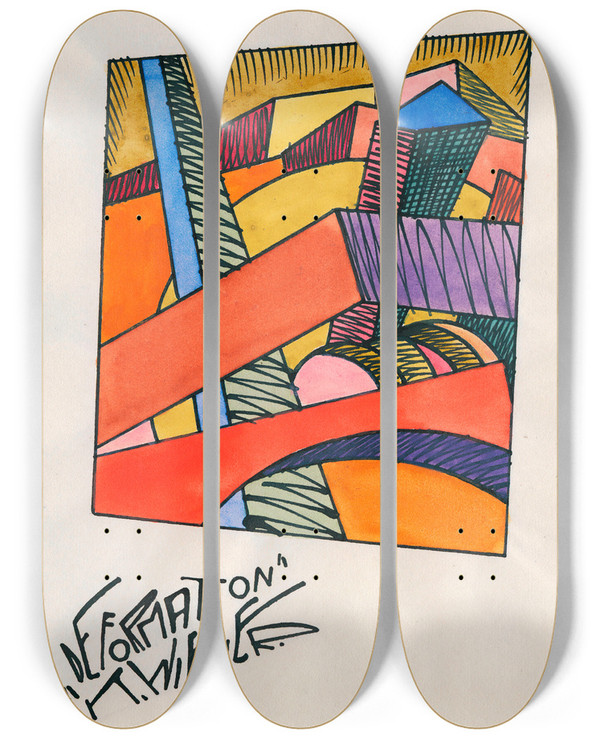 Triptych art skateboard deck of Karl Wiener Deformation_2 by Karl Wiener (1901-1949)