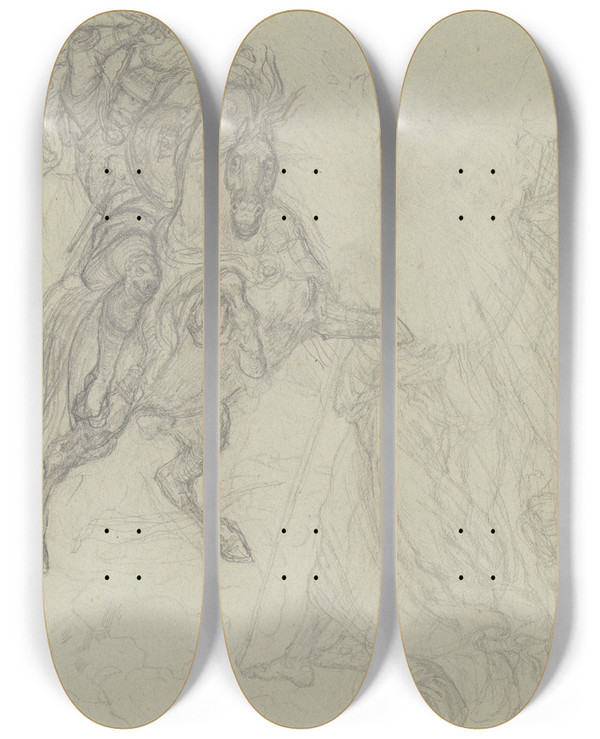 Triptych art skateboard deck of Ferdinand Fellner Ein Mit Der Streitaxt Kmpfender Ritter by Ferdinand Fellner (1799-1859)