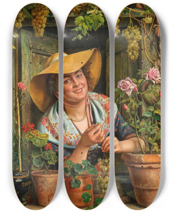 Triptych art skateboard deck of Aurelio Zingoni The Sweet Grapes by Aurelio Zingoni (1853-1922)