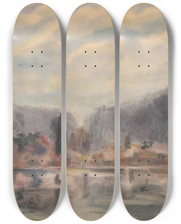 Triptych art skateboard deck of Zolo Palugyay Twilight At A Pond by Zolo Palugyay (1898-1935)