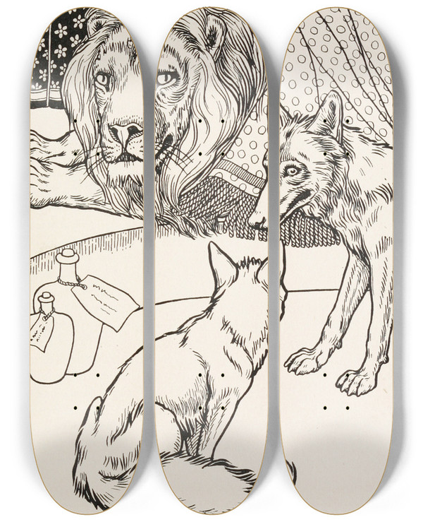Triptych art skateboard deck of Percy J Billinghurst The Lion The Wolf And The Fox by Percy J Billinghurst (1871-1933)
