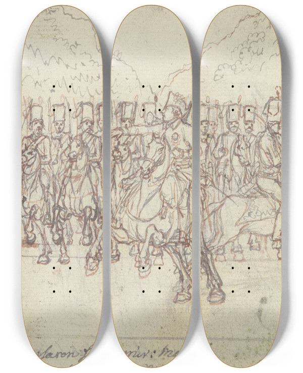 Triptych art skateboard deck of Daniel Nikolaus Chodowiecki Friedrich Der Groe Zu Pferde Vor Einer Gruppe Von Husaren by Daniel Nikolaus Chodowiecki (1726-1801)