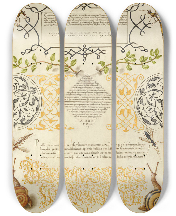 Triptych art skateboard deck of Joris Hoefnagel Insects Basil Thyme And Land Snails by Joris Hoefnagel (1542-1600)