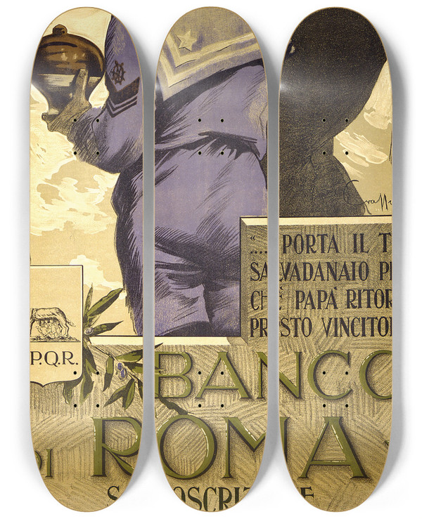 Triptych art skateboard deck of Aurelio Craffonara Banco Di Roma by Aurelio Craffonara (1875-1945)