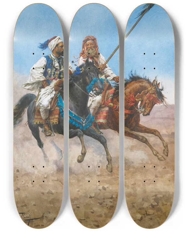 Triptych art skateboard deck of Giulio Rosati The Arab Riders by Giulio Rosati (1858-1917)