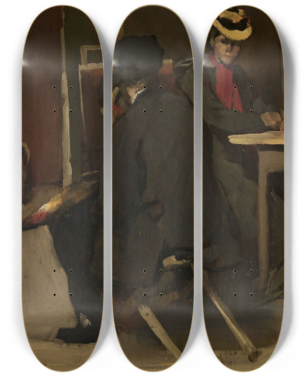 Triptych art skateboard deck of Rudolf Hirth Du Frnes In The Painters Studio by Rudolf Hirth du Frnes (1846-1916)
